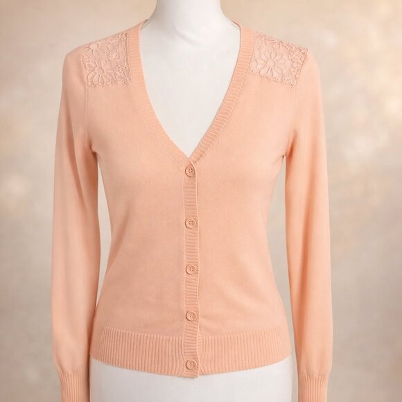 Bongo Peach Lace Back Button Front Cardigan Sweater Medium - Picture 1 of 9